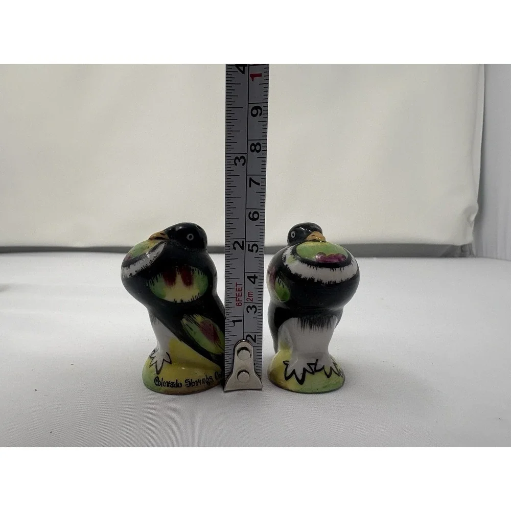 Hand Painted Puffy Bird Salt Pepper Shakers Purple Yellow Green 2 1/4 Japan Colo